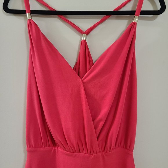 EUC MARCIANO Coral T-Back Summer Mini Dress w/ Gold Accent Bands and V Neckline - Picture 2 of 6